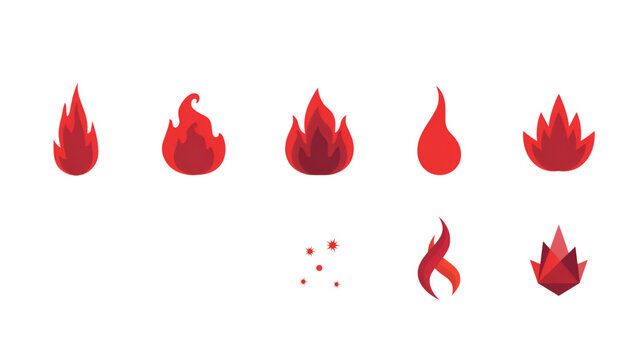 Set of stylized red flame icons in various sizes and orientations