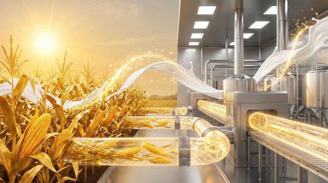 Automated pipeline conveying fresh corn into factory for corn milk processing at sunset.
