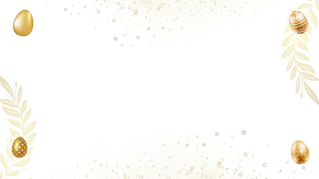 Elegant white background with golden leaves and 3D eggs