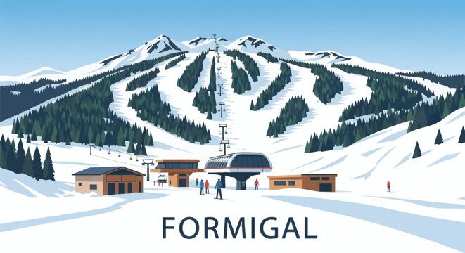 Vector illustration of Formigal ski resort in the Pyrenees featuring snow-covered mountain peaks, groomed slopes with pine trees, chairlifts, gondolas, and alpine resort buildings.