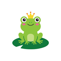 Fototapeta premium Cute Frog Prince with Golden Crown on Lily Pad Vector, Flat Cartoon Toad Clip Art