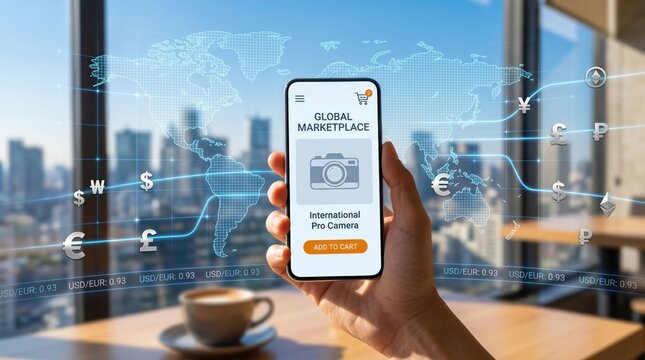 Hand holding smartphone displaying global marketplace app with international pro camera product, currency exchange rates overlay, world map background