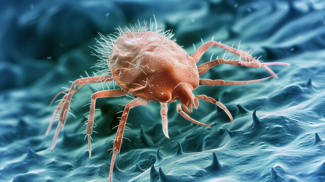 etailed microscopic and 3D illustration of mite infection affecting human skin and animal bodies.