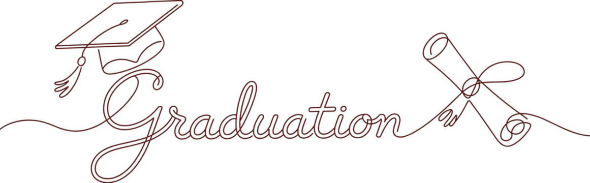 Graduation Celebration Art: An artistic depiction of graduation, featuring a mortarboard cap and diploma scroll with the word Graduation elegantly written in a continuous line art style.