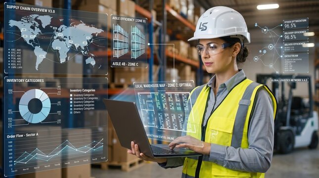 Female warehouse manager wearing safety gear, using laptop with augmented reality overlays for inventory management, supply chain overview, aisle efficiency, local map