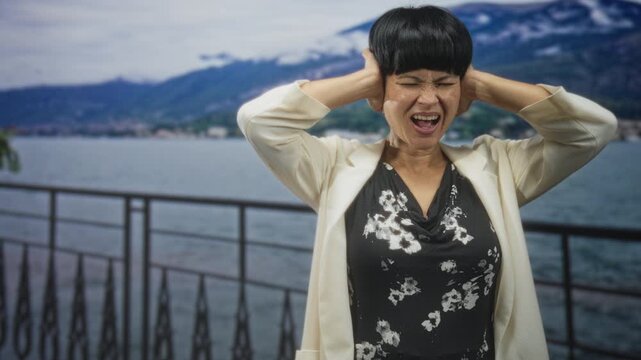 Woman covers ears with hands, grimacing and shouting with mouth open while standing by a street railing overlooking a lake and distant mountains; sensory overload distress.