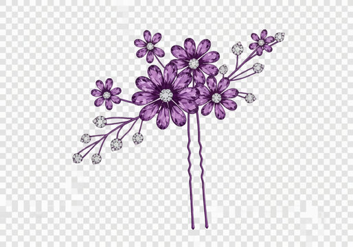 Elegant purple flower hair pin accessory featuring faceted amethyst-colored crystal petals, clear rhinestone centers, and decorative silver branches on a wavy U-shaped fork.