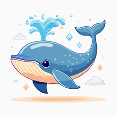 Naklejka premium Cute cartoon whale spouting water with clouds and gems