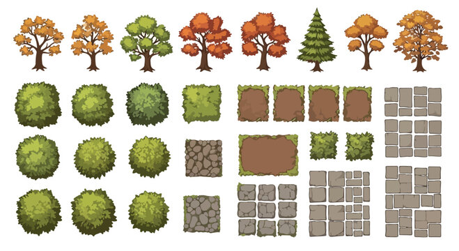 Isometric pixel art game assets, 2D nature environment kit with trees and bushes, top-down landscape tiles for map design, garden and park vector elements