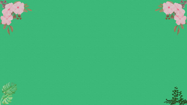 Solid green background with elegant pink flower corners