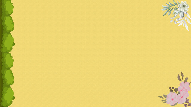 Solid yellow background with green leaf border and flowers