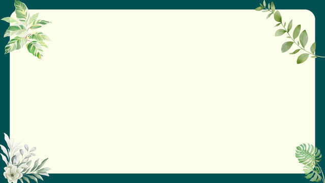 Light beige background with elegant dark green frame and leaves