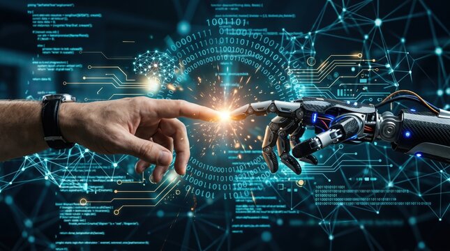 Human hand touching robotic hand with glowing connection on futuristic circuit background with code