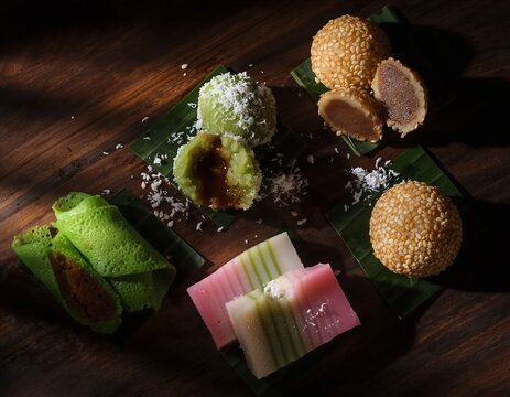 Colorful Indonesian Traditional Kue and Jajanan Pasar Macro Flat Lay with Klepon Onde-Onde and Kue Lapis