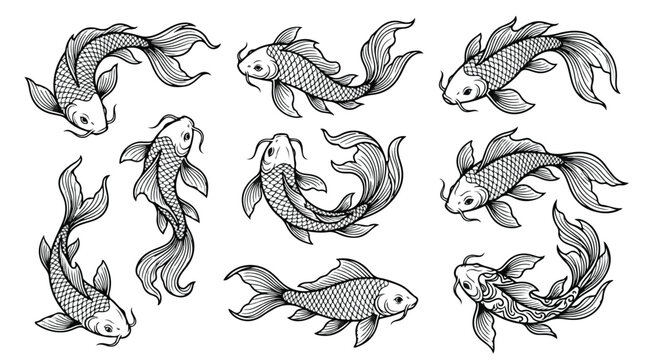 Japanese koi carp vector set, hand drawn black and white fish illustrations, traditional oriental koi pond swimming animals, 9 decorative line art elements