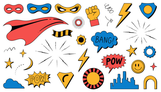 Comic book superhero icons, cartoon speech bubbles, colorful comic effects, vector graphics set