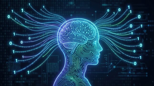 Glowing blue circuit board human head with binary code streaming out of brain against dark background with code