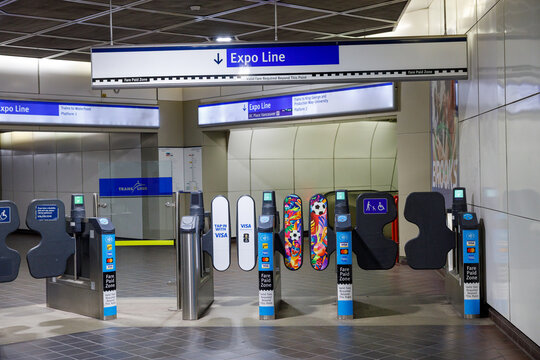 Burrard Station Expo Line fare gates with World Cup wrap