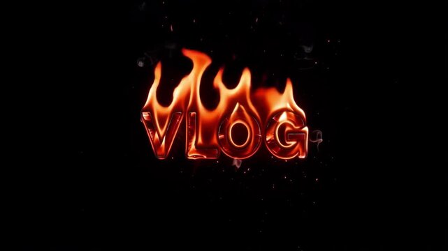 Vlog text written in bright glowing orange flames burning intensely against a dark black background creating a dynamic motion video clip effect with rising smoke and sparks that add a cinematic fiery 