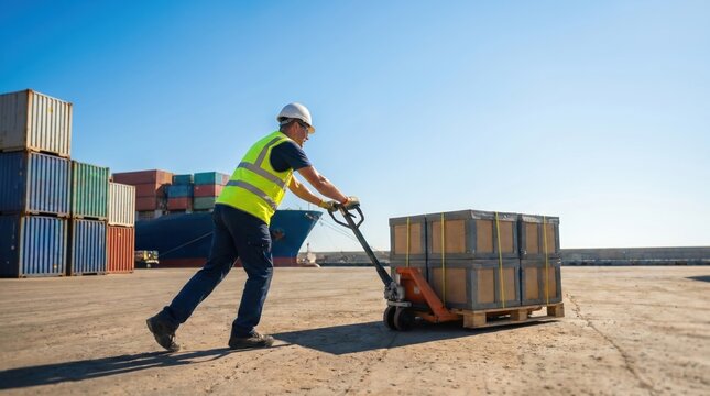 Logistics worker using a hand pallet truck to move wooden crates at container yard.