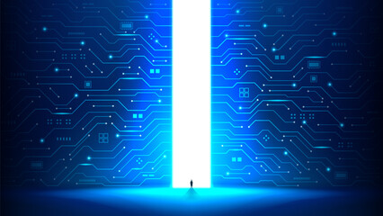 Futuristic sci-fi background with open portal. Tiny silhouette stands in front of glowing gateway on background of technology walls with circuit board lines. Metaverse and AI visual concept. Vector. © Yaran