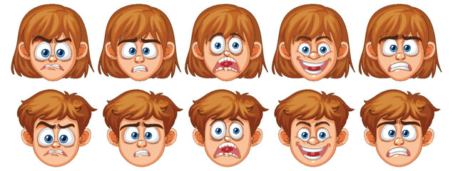 Fototapeta premium Cartoon Boy Facial Expressions Set with Various Emotions
