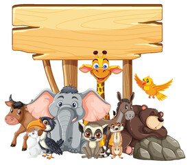 Fototapeta premium Cartoon Jungle Animals Grouped Under Wooden Signboard