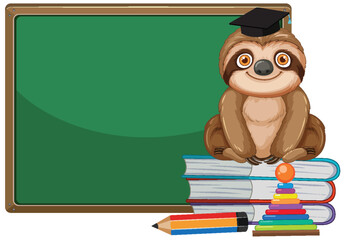 Fototapeta premium Cartoon Sloth Graduate Sitting on Books Next to Green Chalkboard