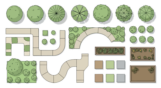 Landscape design elements in top view, architectural garden symbols for site planning, collection of vector trees and walkway paths for master plans
