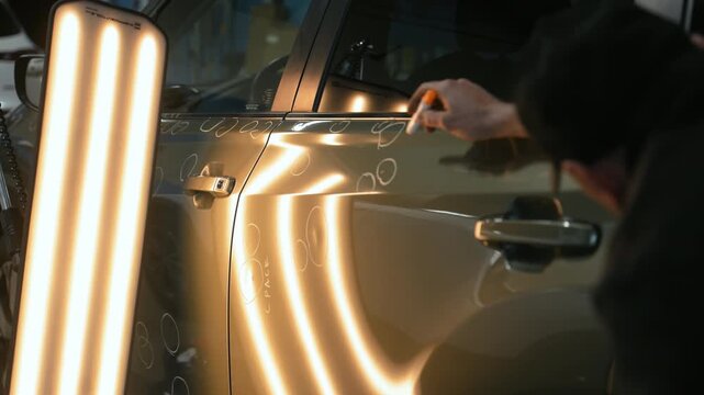 Close up shoot of Car with dent marks in to Preparing process of Repairing Hail Damage in car body shop