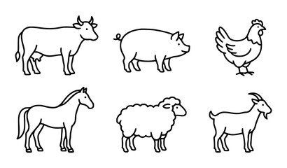 Continuous line art or black outline set of domestic farm animals including cow, pig, and chicken © SobujChandra
