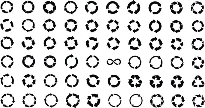 Seamless pattern of black recycling symbols on a white background for environmental concepts