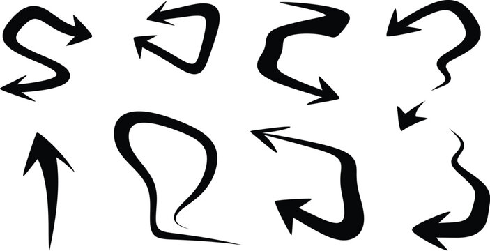 Collection of black arrow silhouettes pointing in various directions on a white background
