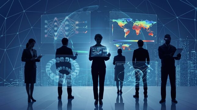 Business team analyzing big data and global network connections, futuristic technology concept with digital interface screens showing world map and graphs in modern office.