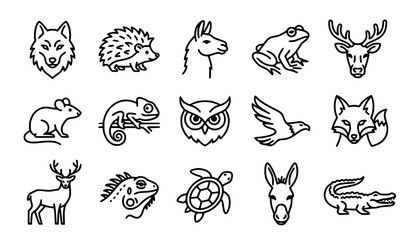 Collection of wild animal head doodles and line art icons on white background © SobujChandra