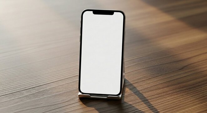 Smartphone with blank white screen on a stand on wooden table for mockup presentation