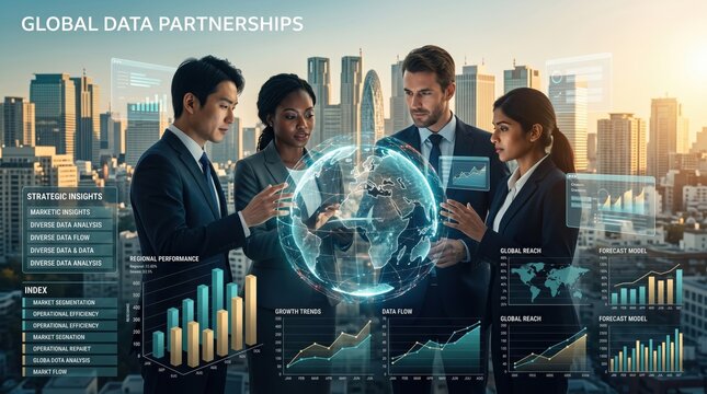 Global data partnerships business team analyzing world map hologram, strategic insights and diverse data flow forecast model for international market reach.