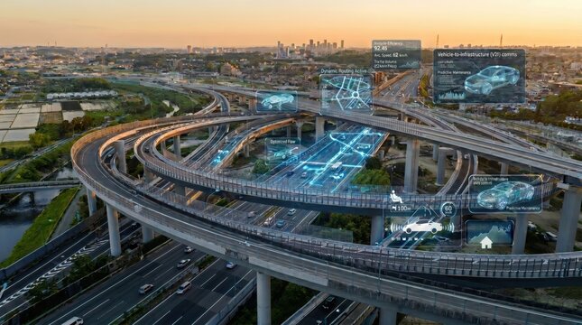 Futuristic smart city highway with V2I communication, autonomous driving data, and holographic traffic analysis overlays for urban mobility solutions