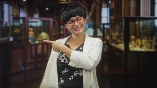 Woman points finger at glass display case and smiles, red glasses visible, in museum building; cheerful curiosity.