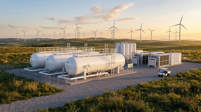 Green hydrogen production facility with large storage tanks situated in a wind farm landscape, representing renewable energy infrastructure and sustainable power generation