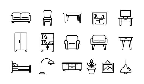 Line art icon set of modern home furniture and interior design elements