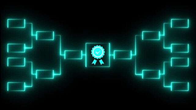 Teal Tournament Bracket Animation with Award Ribbon Icon and Championship Progress Network on Black Background 4k animation video