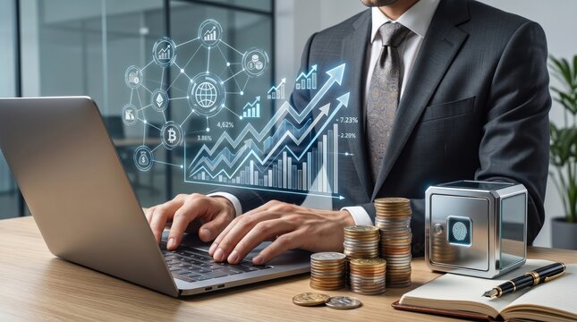 Businessman working on laptop with financial growth charts and cryptocurrency icons, investment strategy and stock market analysis concept