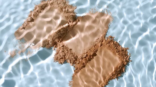 Top view extreme close-up slow motion shot of a water stream splashing over three beige powder smears on a sky blue background