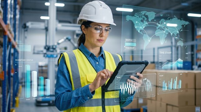 Female warehouse worker in safety helmet and vest using tablet with augmented reality inventory status charts and world map logistics data overlay for smart factory supply chain