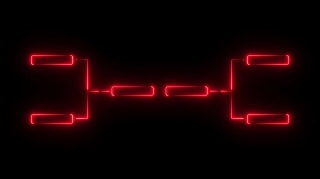 glowing neon or outline championship single elimination tournament bracket or tree diagram isolated on neon . Fields for 8 players or teams, 4 from each side.