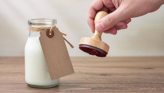 Hand holding wooden rubber stamp over milk bottle with blank craft tag for organic dairy branding mockup on table