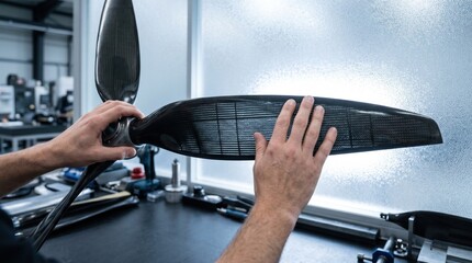Naklejka premium Technician inspecting a high-tech carbon fiber propeller for an advanced autonomous aerial vehicle