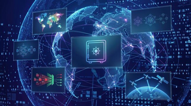 Futuristic digital concept of global network security featuring a glowing earth globe connected by data lines, surrounded by screens showing satellites