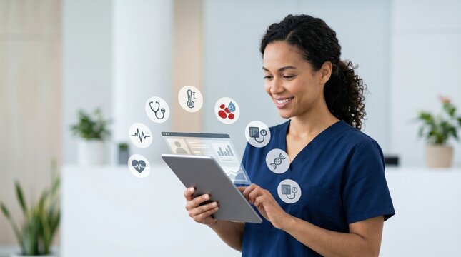 Smiling female nurse in scrubs using a tablet with holographic medical icons for telemedicine, digital health records, and remote patient monitoring in a modern clinic.